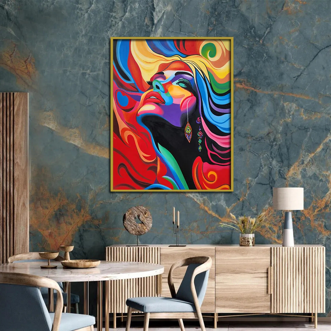 Abstract portrait canvas painting featuring a colorful female face with vibrant flowing patterns and contemporary pop art style.