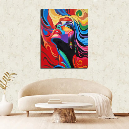 Abstract portrait canvas painting featuring a colorful female face with vibrant flowing patterns and contemporary pop art style.
