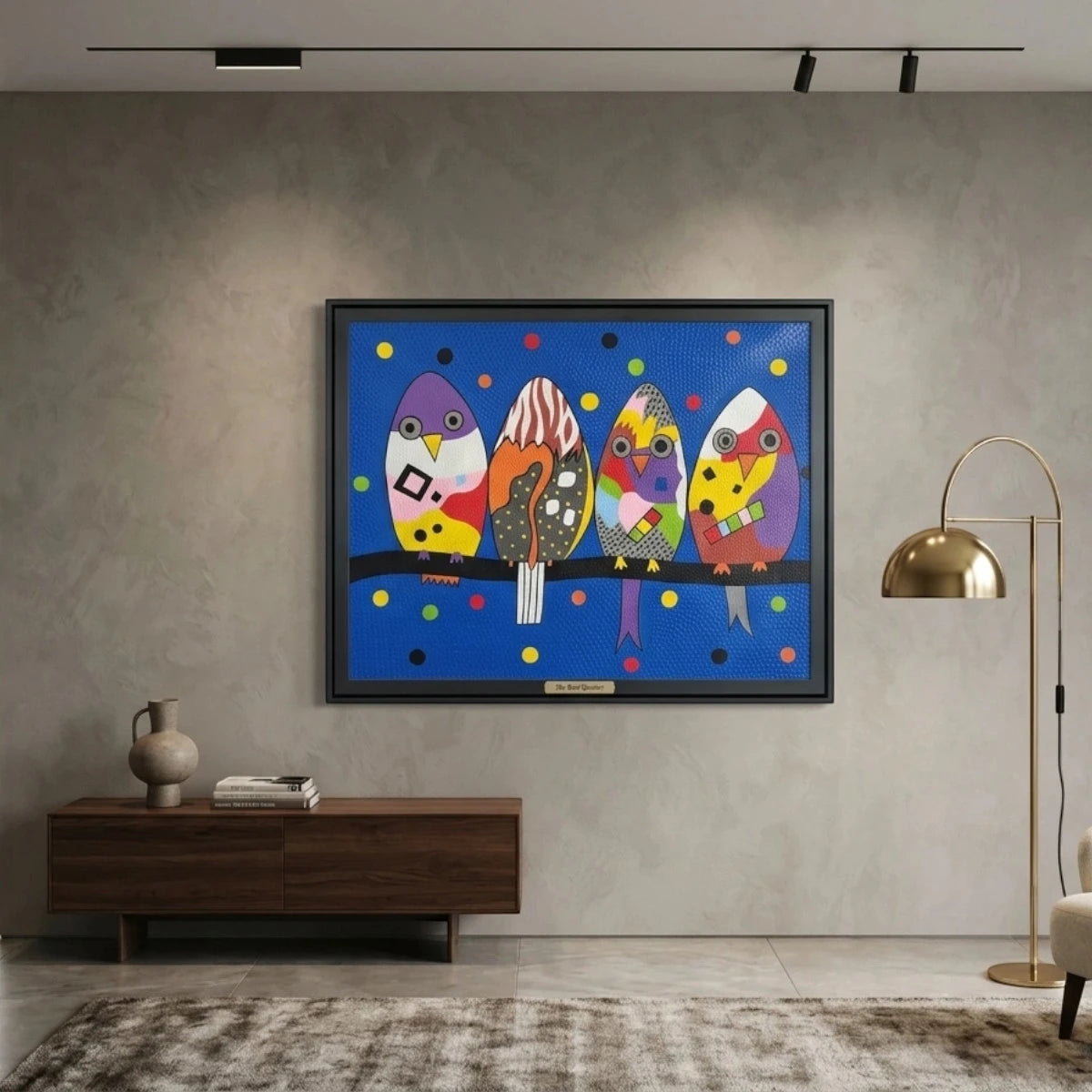 Colourful abstract bird canvas painting featuring four playful contemporary birds with vibrant geometric patterns, modern wall art for living rooms, bedrooms, offices and designer interiors.