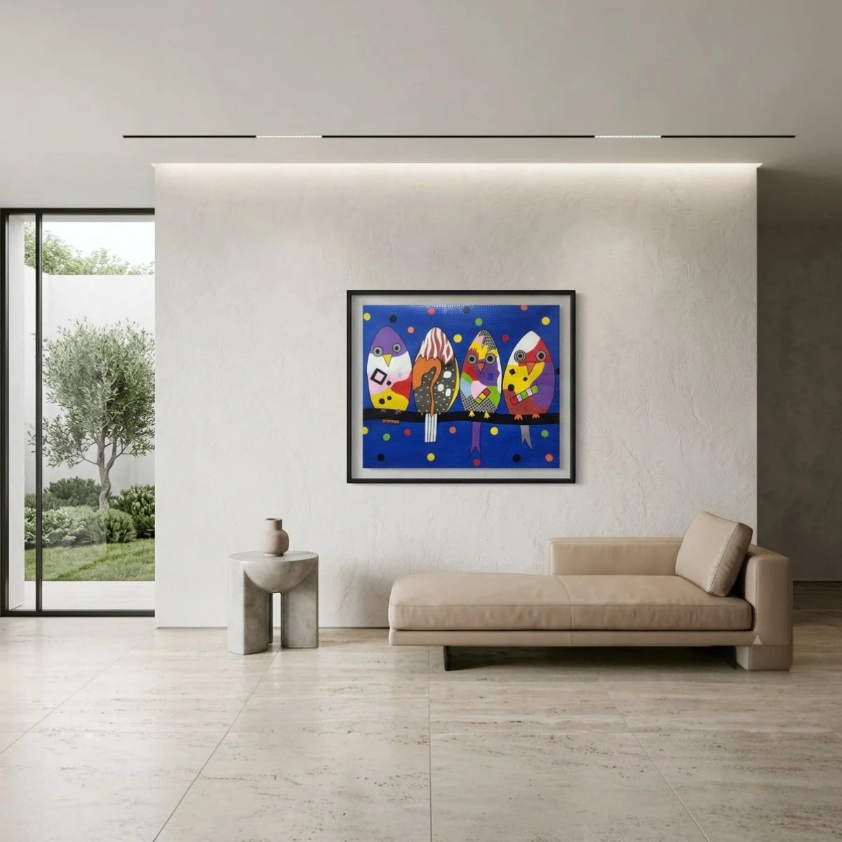 Colourful abstract bird canvas painting featuring four playful contemporary birds with vibrant geometric patterns, modern wall art for living rooms, bedrooms, offices and designer interiors.