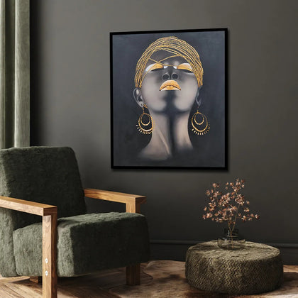 Contemporary portrait canvas painting featuring a woman with gold headwrap, gold lips, and statement earrings on a black background.