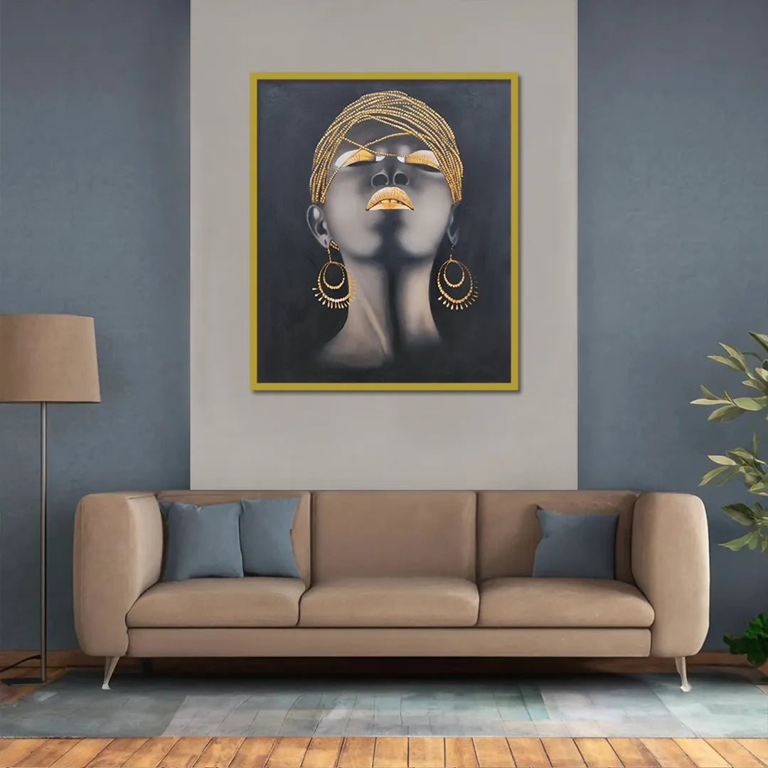 Contemporary portrait canvas painting featuring a woman with gold headwrap, gold lips, and statement earrings on a black background.