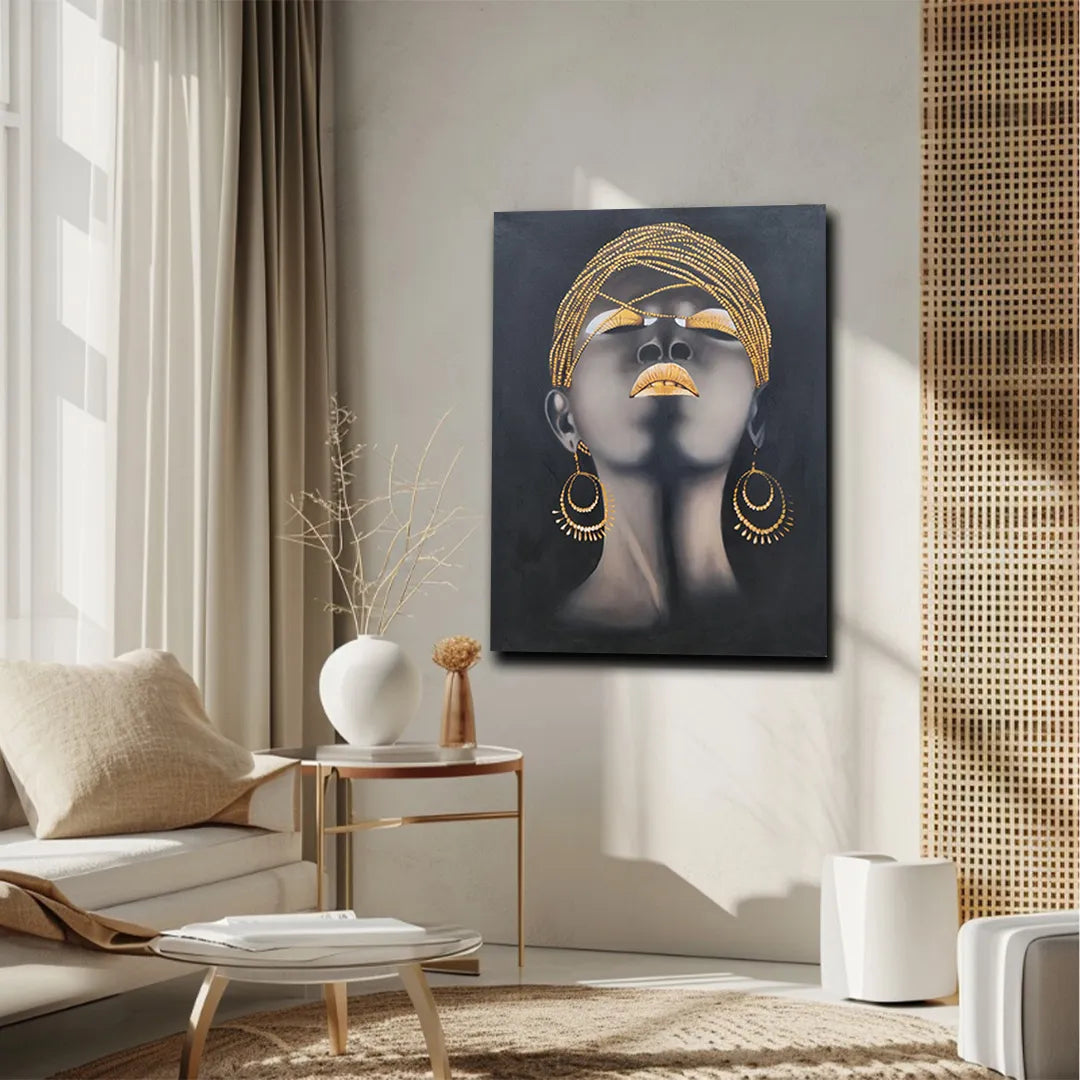 Contemporary portrait canvas painting featuring a woman with gold headwrap, gold lips, and statement earrings on a black background.