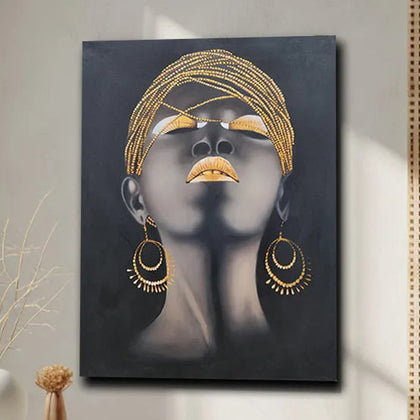 Contemporary portrait canvas painting featuring a woman with gold headwrap, gold lips, and statement earrings on a black background.