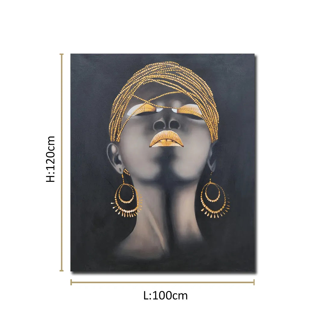 Contemporary portrait canvas painting featuring a woman with gold headwrap, gold lips, and statement earrings on a black background.