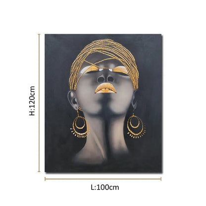 Contemporary portrait canvas painting featuring a woman with gold headwrap, gold lips, and statement earrings on a black background.