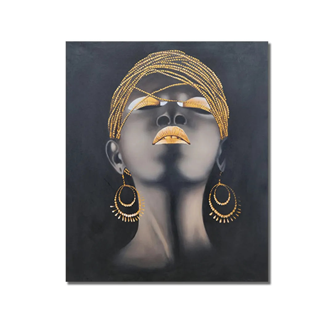 Contemporary portrait canvas painting featuring a woman with gold headwrap, gold lips, and statement earrings on a black background.
