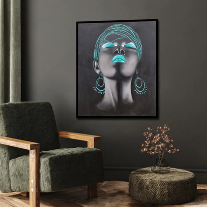 Contemporary portrait canvas painting featuring a woman with teal headwrap, teal lips, and statement earrings on a black background.