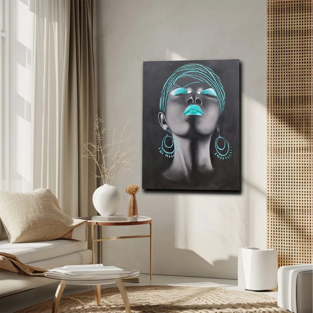 Contemporary portrait canvas painting featuring a woman with teal headwrap, teal lips, and statement earrings on a black background.