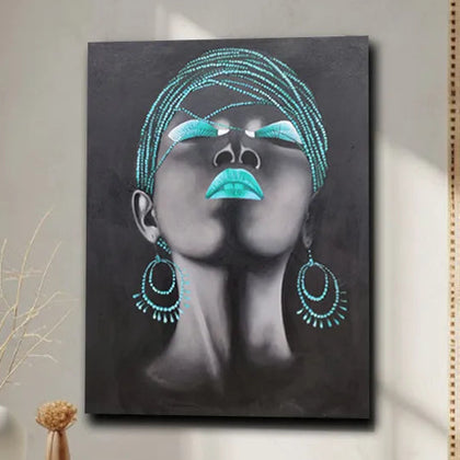 Contemporary portrait canvas painting featuring a woman with teal headwrap, teal lips, and statement earrings on a black background.