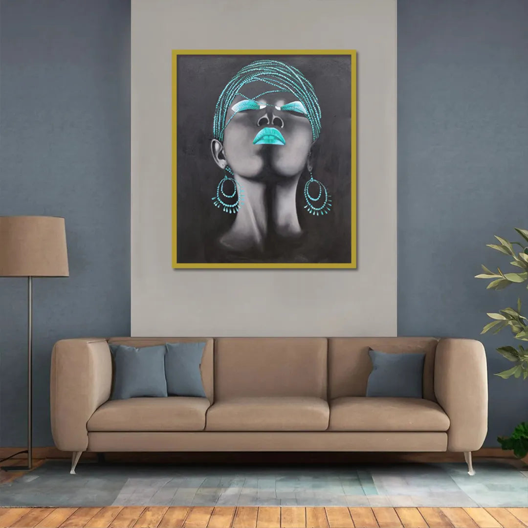 Contemporary portrait canvas painting featuring a woman with teal headwrap, teal lips, and statement earrings on a black background.