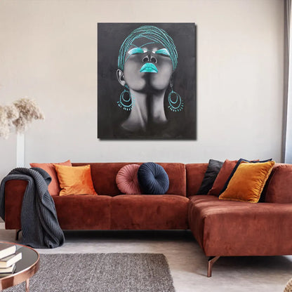 Contemporary portrait canvas painting featuring a woman with teal headwrap, teal lips, and statement earrings on a black background.
