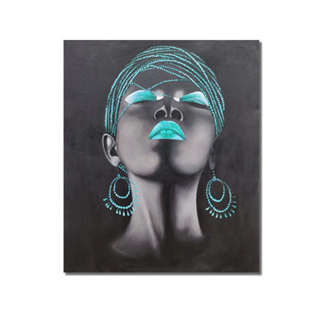 Contemporary portrait canvas painting featuring a woman with teal headwrap, teal lips, and statement earrings on a black background.