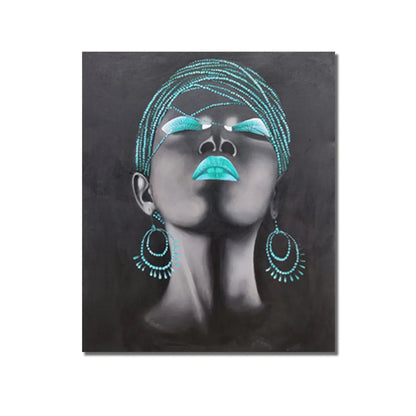 Contemporary portrait canvas painting featuring a woman with teal headwrap, teal lips, and statement earrings on a black background.