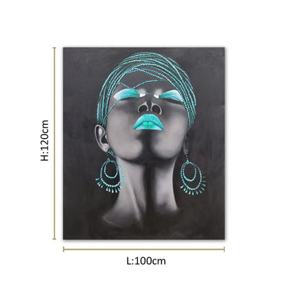 Contemporary portrait canvas painting featuring a woman with teal headwrap, teal lips, and statement earrings on a black background.