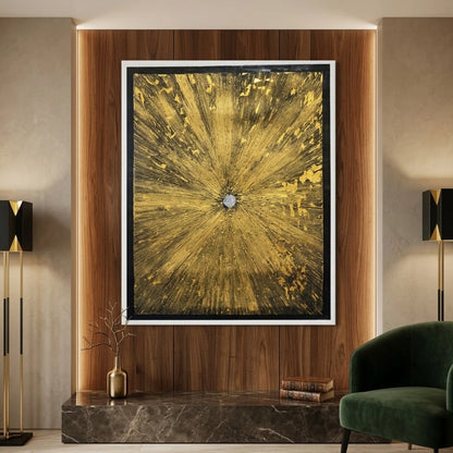 Luxury abstract canvas painting featuring radiant metallic gold textured artwork with a crystal-inspired central focal point, modern wall art for living rooms, offices, hotels and designer interiors.