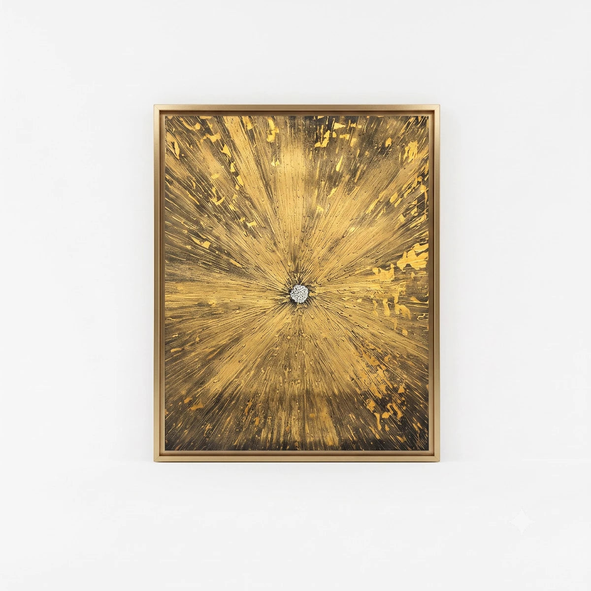 Luxury abstract canvas painting featuring radiant metallic gold textured artwork with a crystal-inspired central focal point, modern wall art for living rooms, offices, hotels and designer interiors.