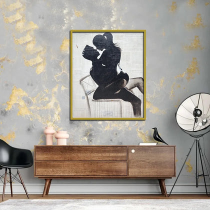 Contemporary canvas painting featuring a romantic couple silhouette embracing on a chair with textured artistic detailing.