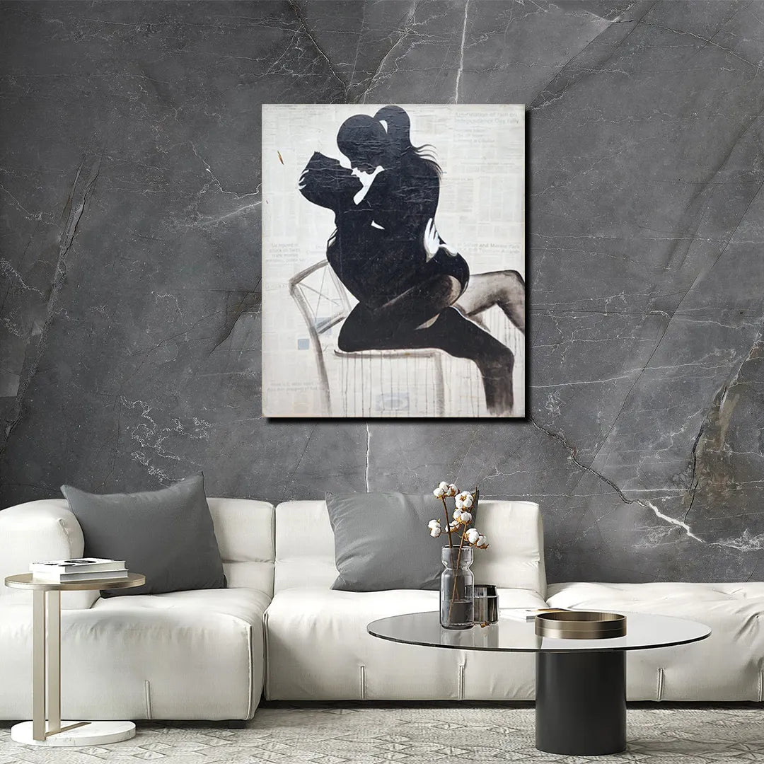 Contemporary canvas painting featuring a romantic couple silhouette embracing on a chair with textured artistic detailing.
