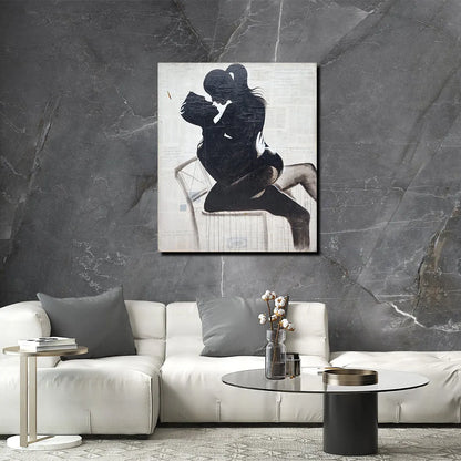 Contemporary canvas painting featuring a romantic couple silhouette embracing on a chair with textured artistic detailing.