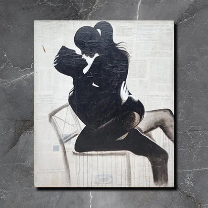 Contemporary canvas painting featuring a romantic couple silhouette embracing on a chair with textured artistic detailing.