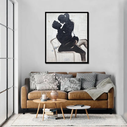 Contemporary canvas painting featuring a romantic couple silhouette embracing on a chair with textured artistic detailing.