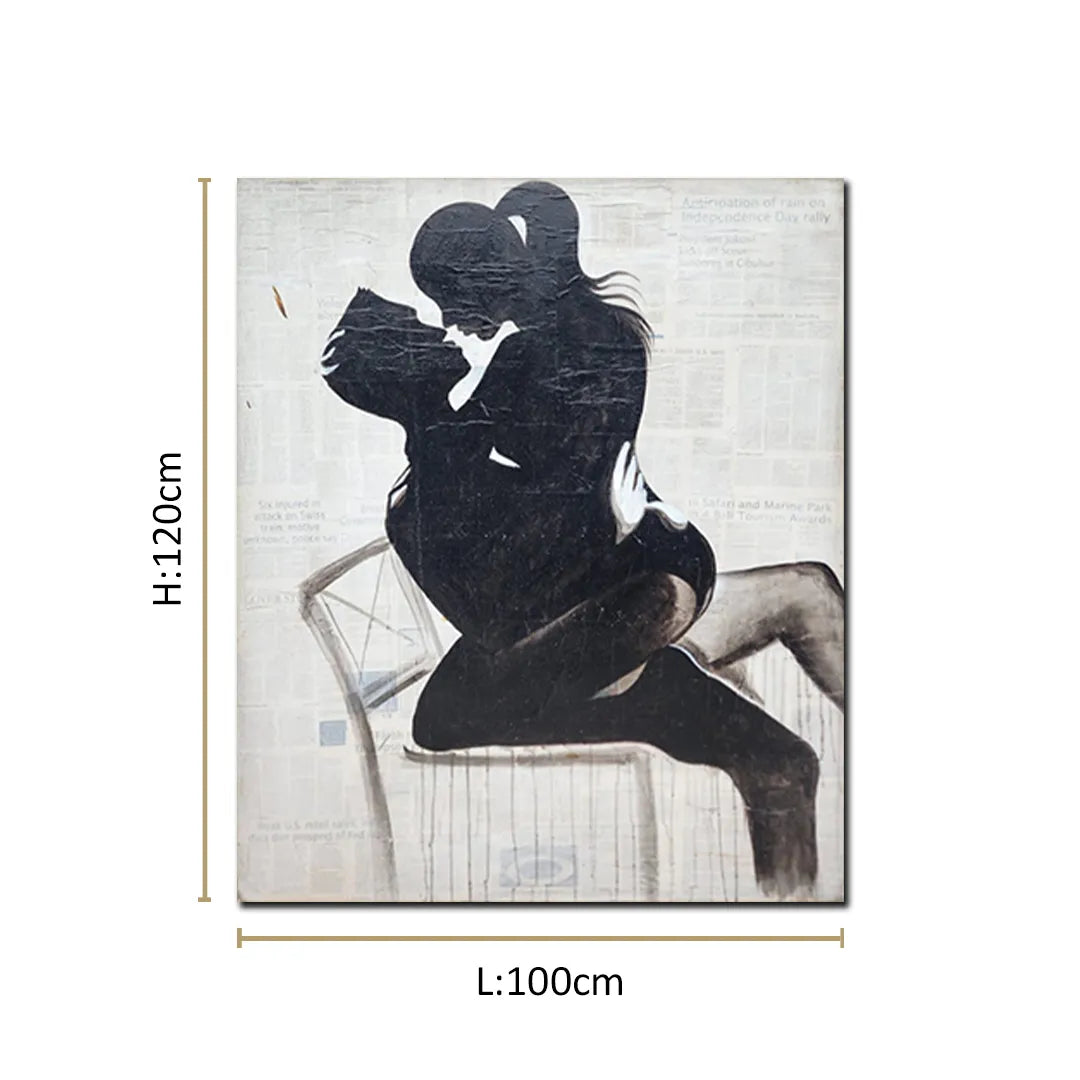 Contemporary canvas painting featuring a romantic couple silhouette embracing on a chair with textured artistic detailing.