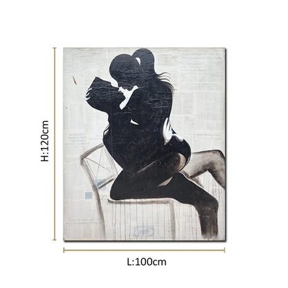 Contemporary canvas painting featuring a romantic couple silhouette embracing on a chair with textured artistic detailing.