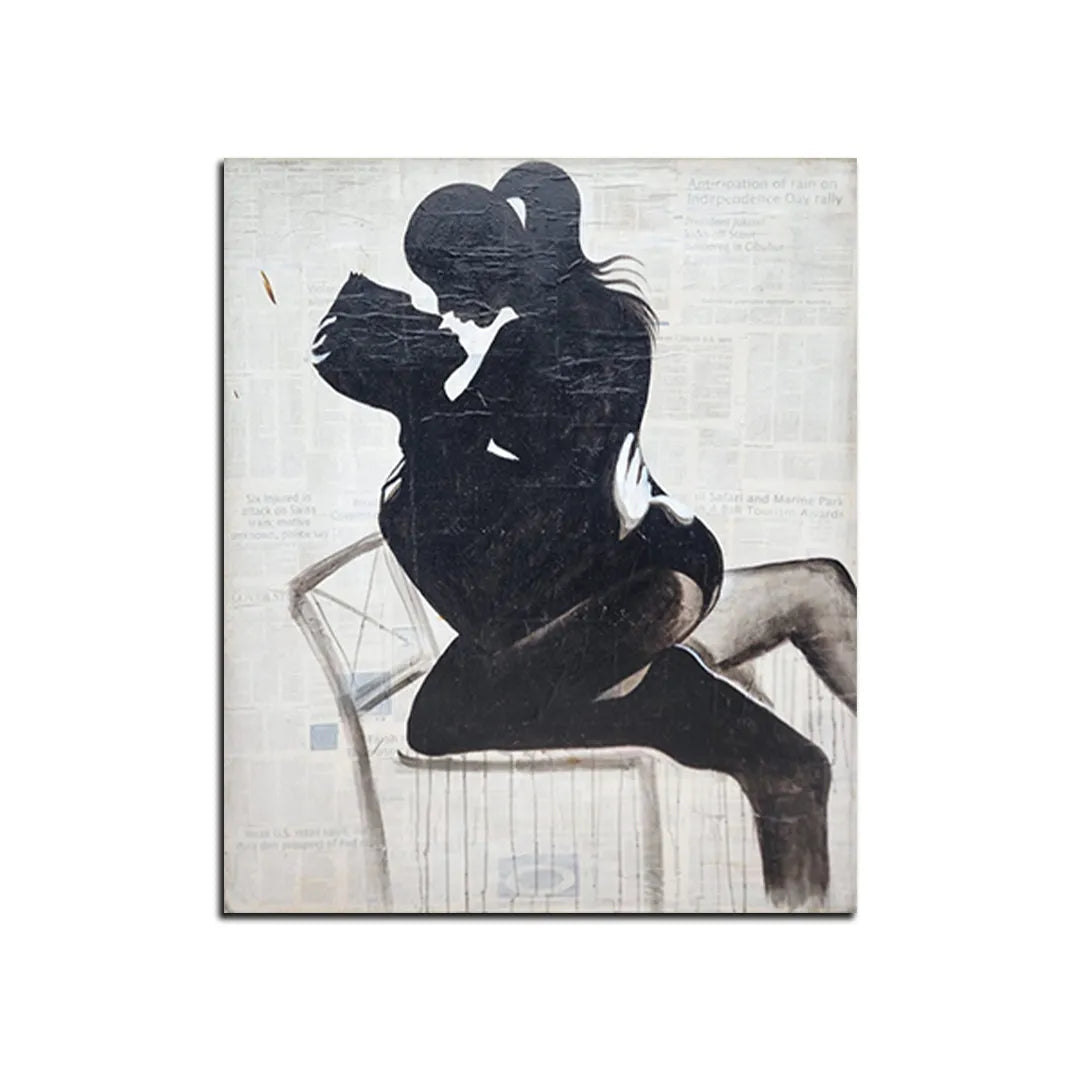 Contemporary canvas painting featuring a romantic couple silhouette embracing on a chair with textured artistic detailing.