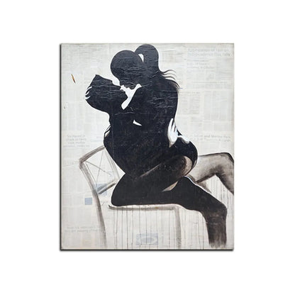 Contemporary canvas painting featuring a romantic couple silhouette embracing on a chair with textured artistic detailing.