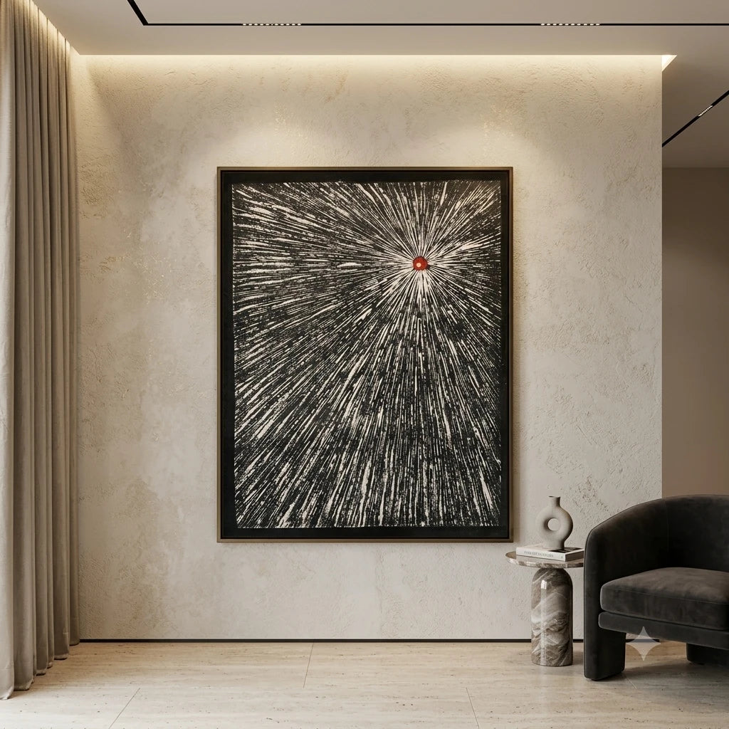 Modern abstract canvas painting featuring dynamic black and white radial line artwork with a bold crimson focal point, luxury wall art for living rooms, offices, hotels and contemporary designer interiors.