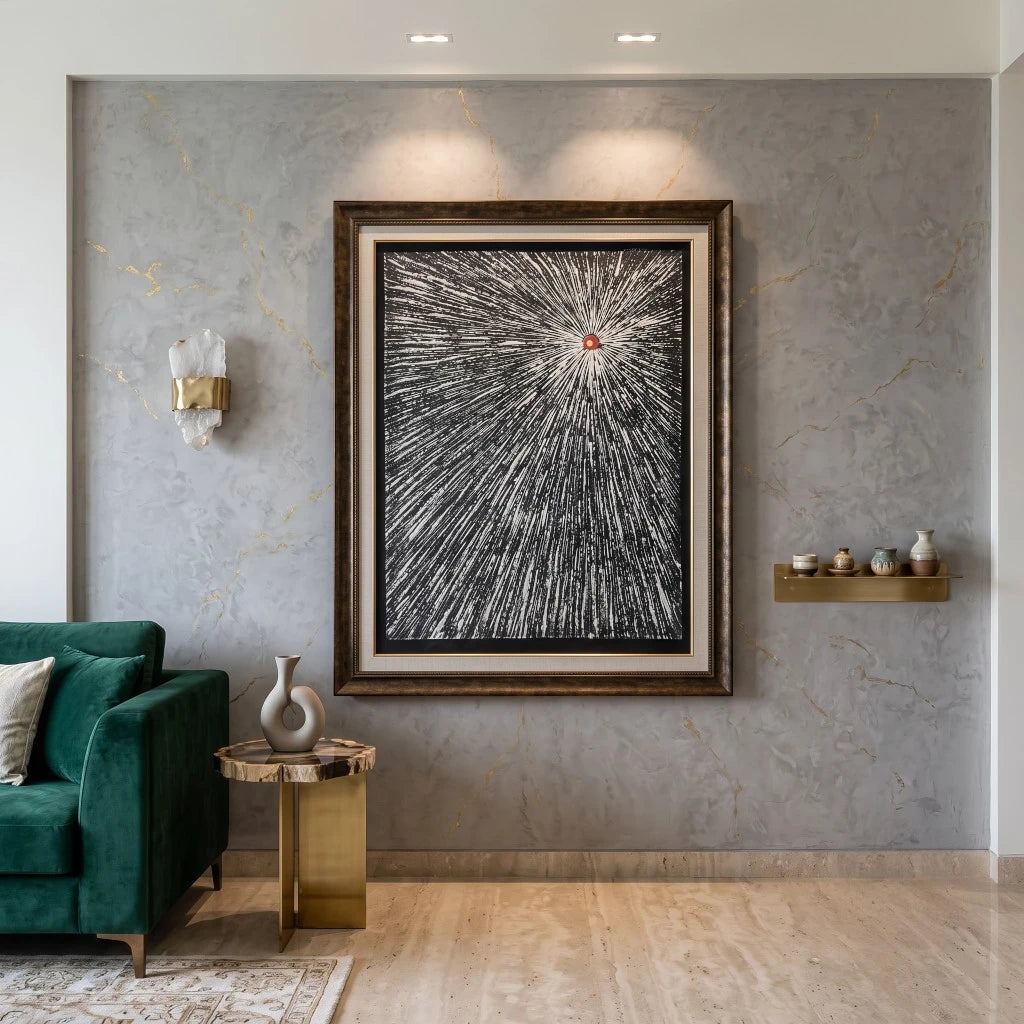 Modern abstract canvas painting featuring dynamic black and white radial line artwork with a bold crimson focal point, luxury wall art for living rooms, offices, hotels and contemporary designer interiors.