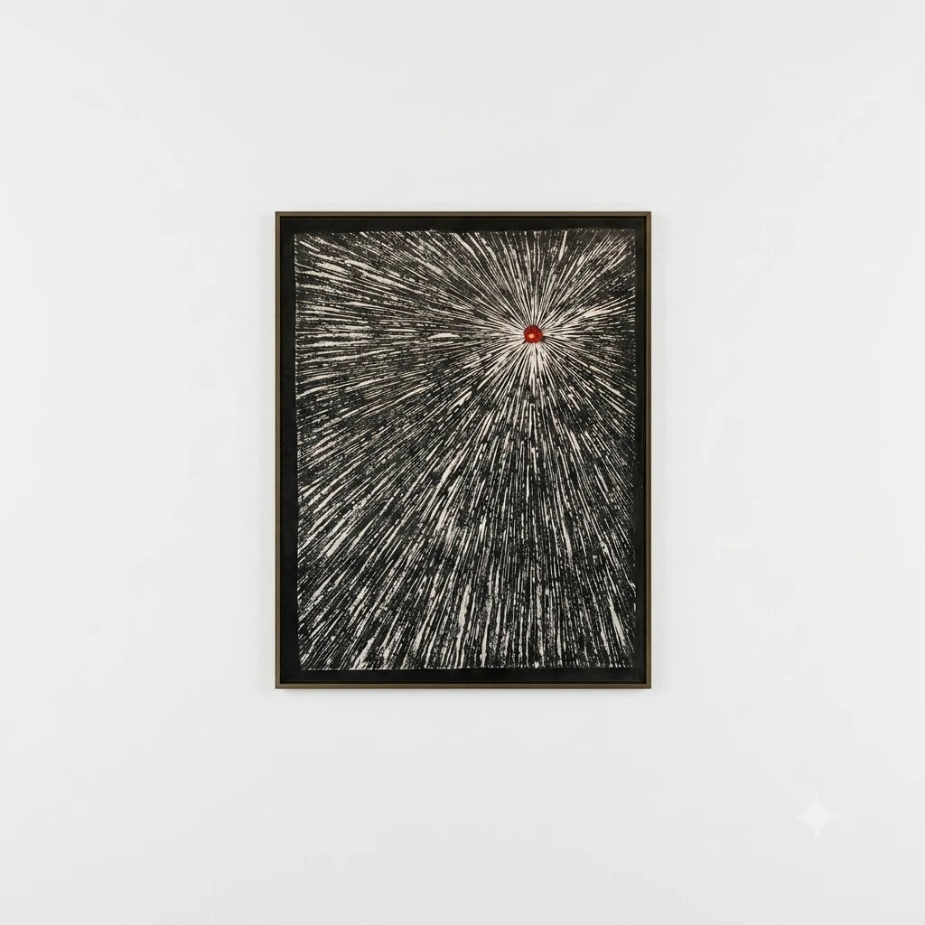Modern abstract canvas painting featuring dynamic black and white radial line artwork with a bold crimson focal point, luxury wall art for living rooms, offices, hotels and contemporary designer interiors.