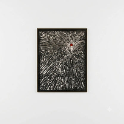 Modern abstract canvas painting featuring dynamic black and white radial line artwork with a bold crimson focal point, luxury wall art for living rooms, offices, hotels and contemporary designer interiors.