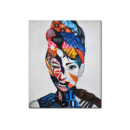 Abstract portrait canvas painting featuring a woman with vibrant geometric patterns and colorful contemporary artistic details.
