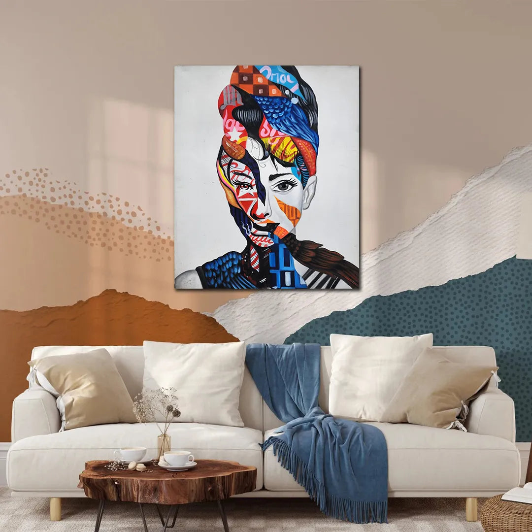 Abstract portrait canvas painting featuring a woman with vibrant geometric patterns and colorful contemporary artistic details.