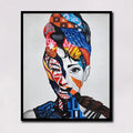 Abstract portrait canvas painting featuring a woman with vibrant geometric patterns and colorful contemporary artistic details.