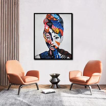 Abstract portrait canvas painting featuring a woman with vibrant geometric patterns and colorful contemporary artistic details.