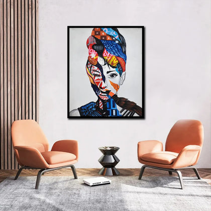 Abstract portrait canvas painting featuring a woman with vibrant geometric patterns and colorful contemporary artistic details.