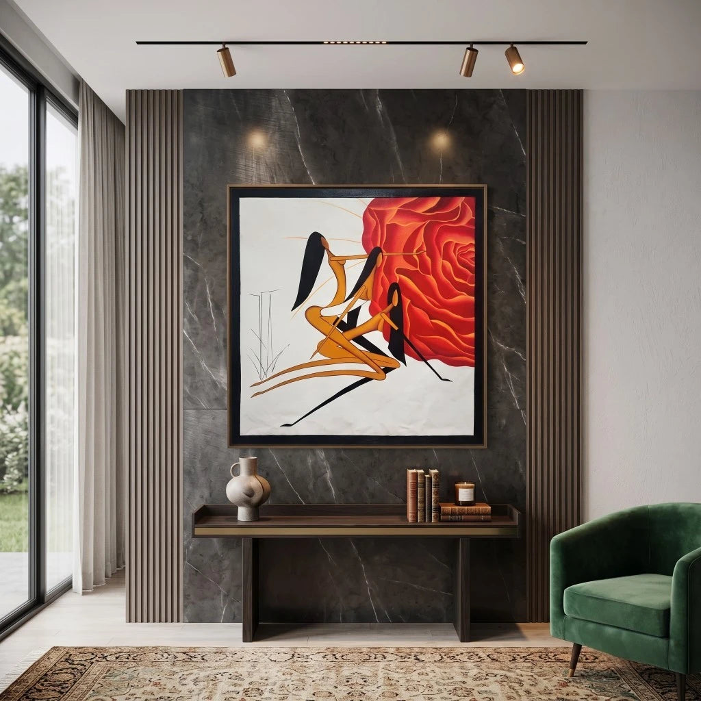 Modern abstract canvas painting featuring two stylized female figures against a vibrant crimson floral backdrop, contemporary wall art for luxury living rooms, bedrooms, offices and designer interiors.