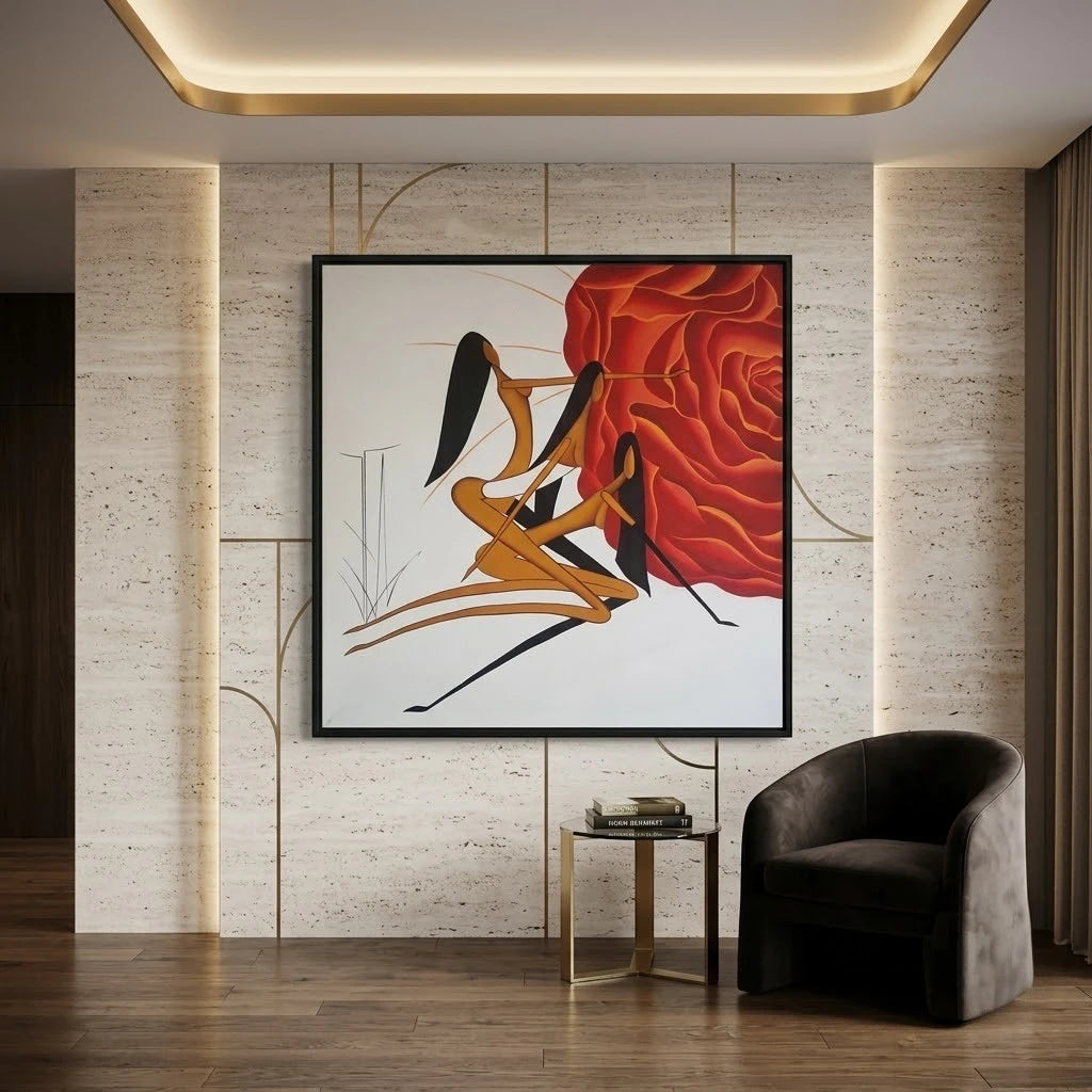 Modern abstract canvas painting featuring two stylized female figures against a vibrant crimson floral backdrop, contemporary wall art for luxury living rooms, bedrooms, offices and designer interiors.