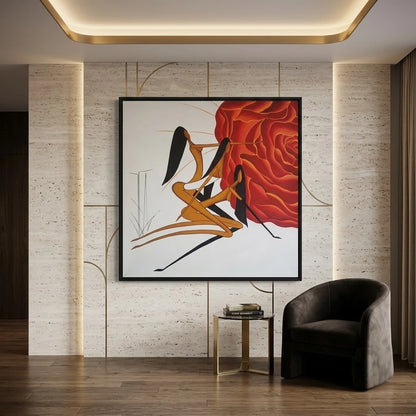 Modern abstract canvas painting featuring two stylized female figures against a vibrant crimson floral backdrop, contemporary wall art for luxury living rooms, bedrooms, offices and designer interiors.