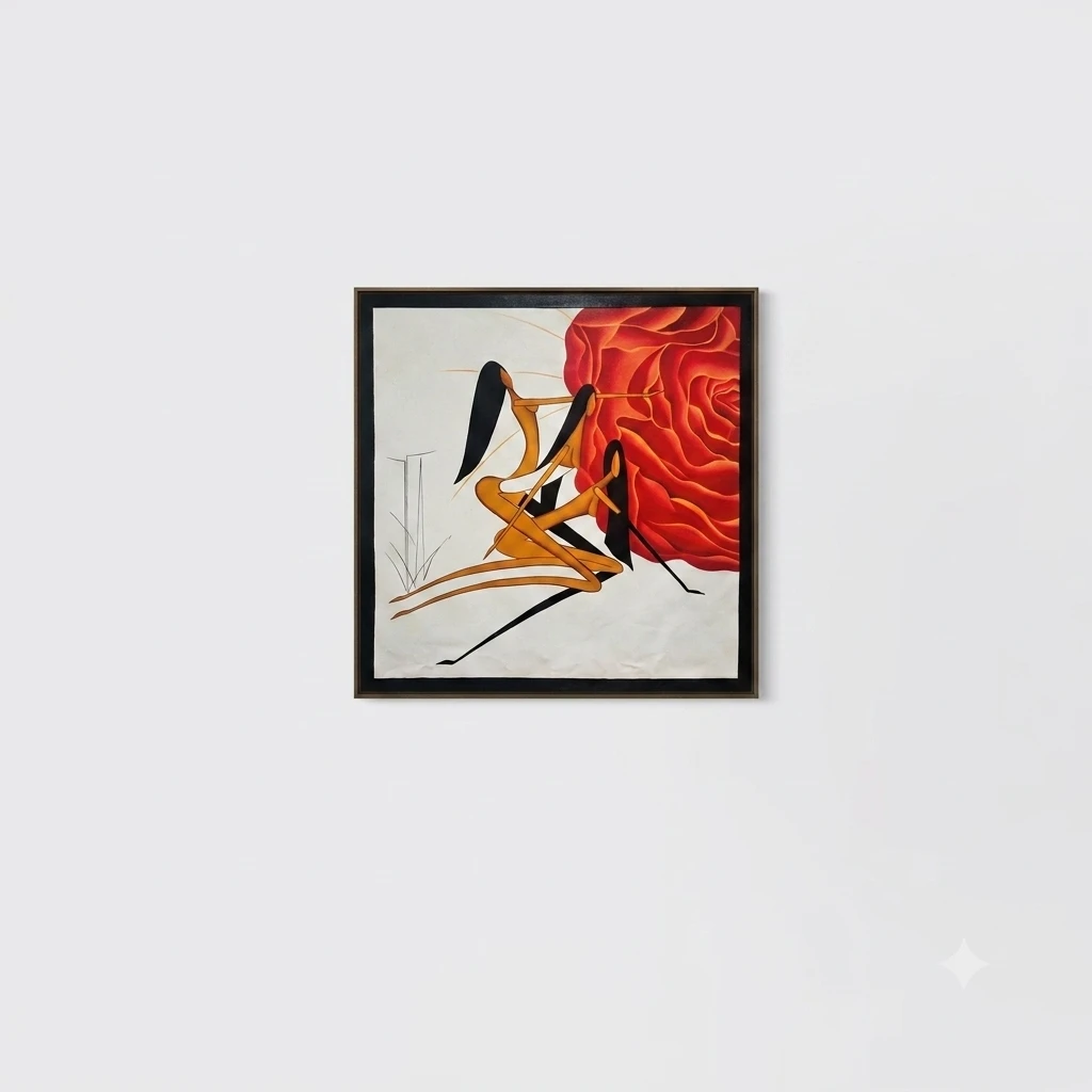 Modern abstract canvas painting featuring two stylized female figures against a vibrant crimson floral backdrop, contemporary wall art for luxury living rooms, bedrooms, offices and designer interiors.