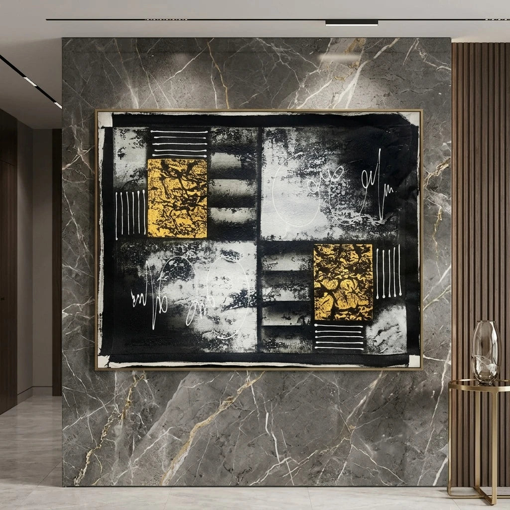 Modern abstract canvas painting featuring bold black and white textured artwork with metallic gold geometric accents, contemporary wall art for luxury living rooms, offices and designer interiors.