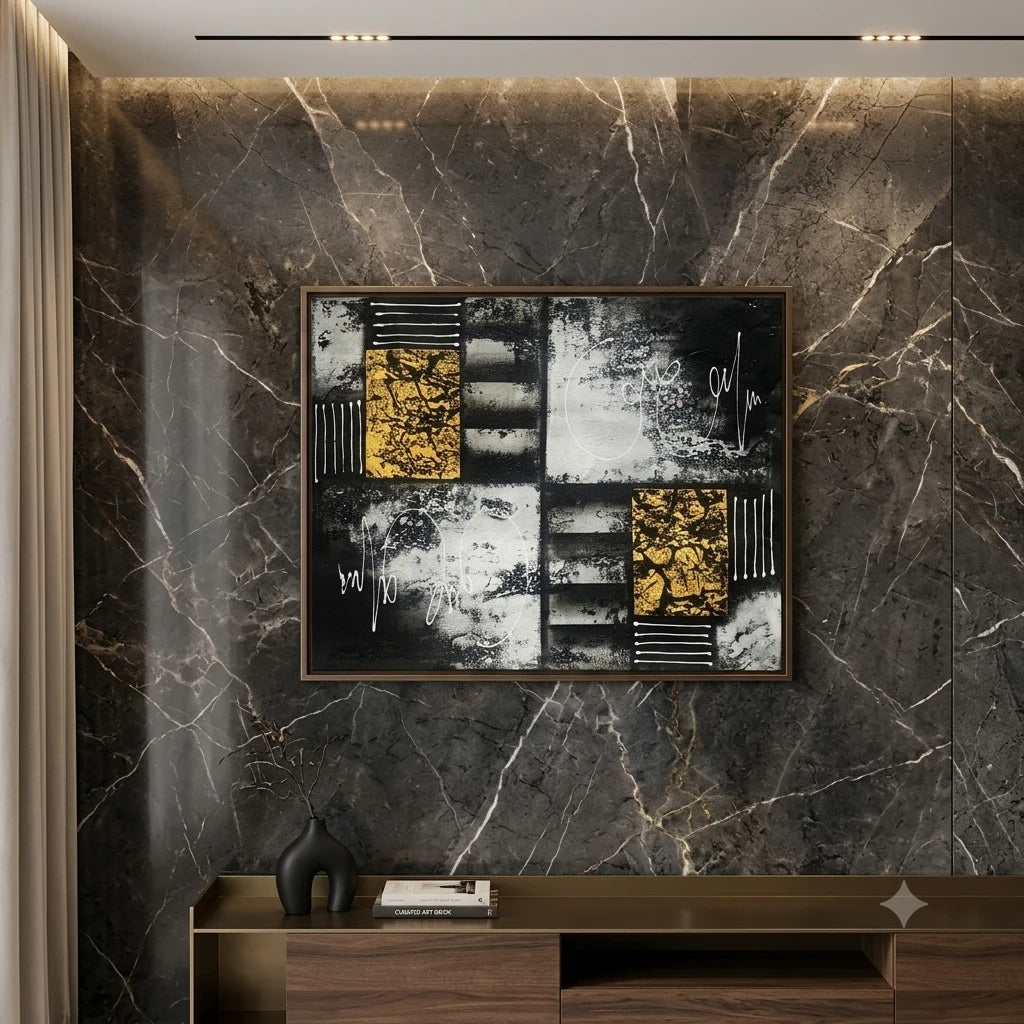 Modern abstract canvas painting featuring bold black and white textured artwork with metallic gold geometric accents, contemporary wall art for luxury living rooms, offices and designer interiors.