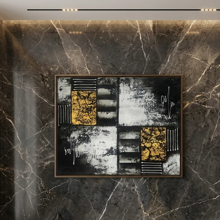 Modern abstract canvas painting featuring bold black and white textured artwork with metallic gold geometric accents, contemporary wall art for luxury living rooms, offices and designer interiors.