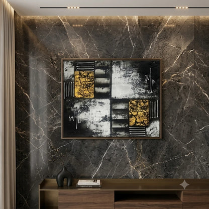 Modern abstract canvas painting featuring bold black and white textured artwork with metallic gold geometric accents, contemporary wall art for luxury living rooms, offices and designer interiors.