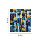 Abstract geometric canvas painting featuring vibrant blue, yellow, white, and multicolored textured blocks with modern artistic composition.