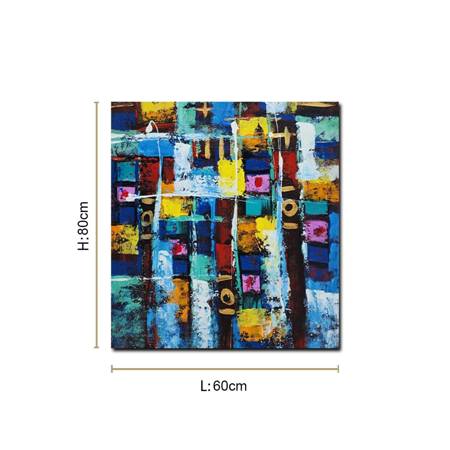 Abstract geometric canvas painting featuring vibrant blue, yellow, white, and multicolored textured blocks with modern artistic composition.
