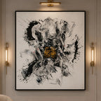 Modern abstract monochrome wall painting with expressive black brushstrokes and a textured gold focal accent